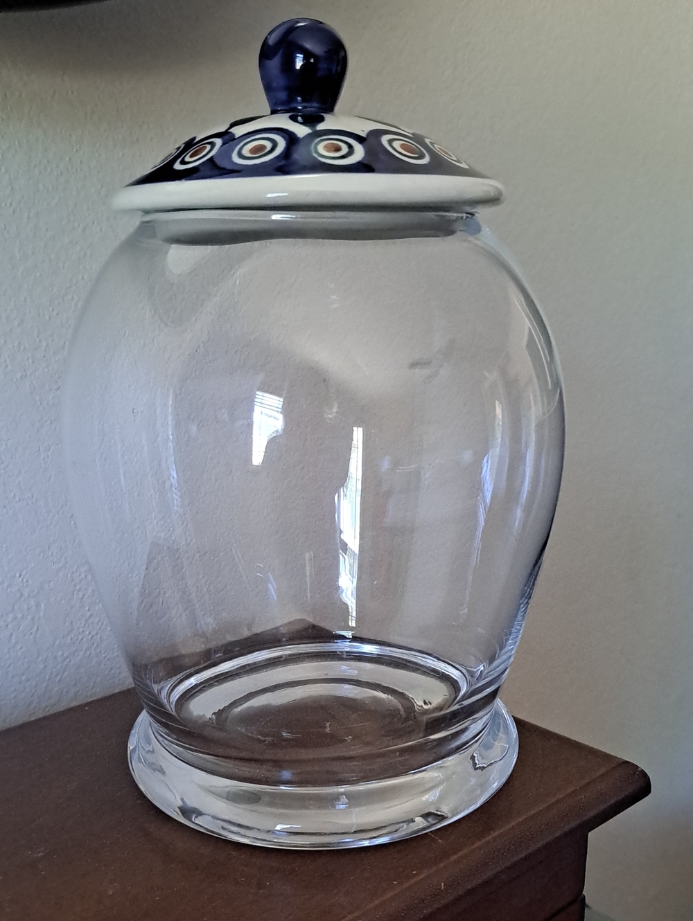Cannister Glass With Polish Lid. Peacock Pattern 9" Tall